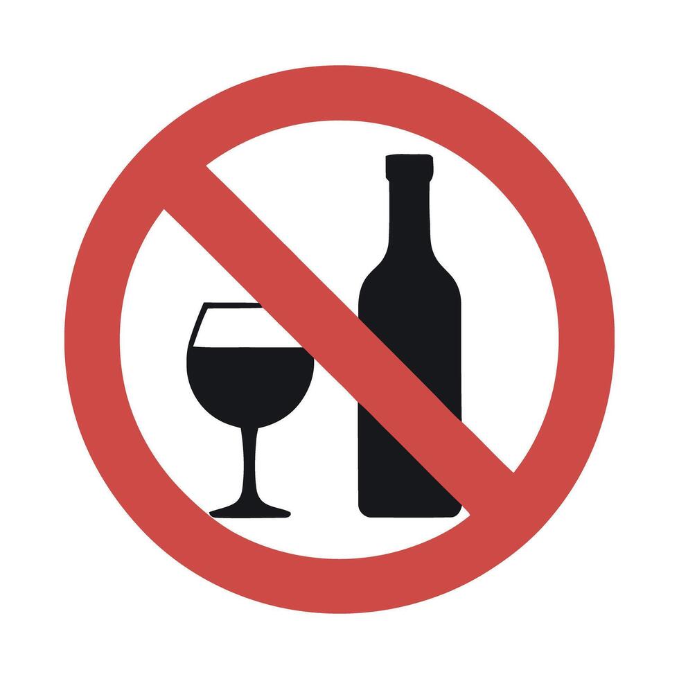 Prohibition Sign Featuring a Wine Bottle and Glass with a Red Circle and Diagonal Line Indicating No Alcohol Allowed or Drinking Prohibited red vector