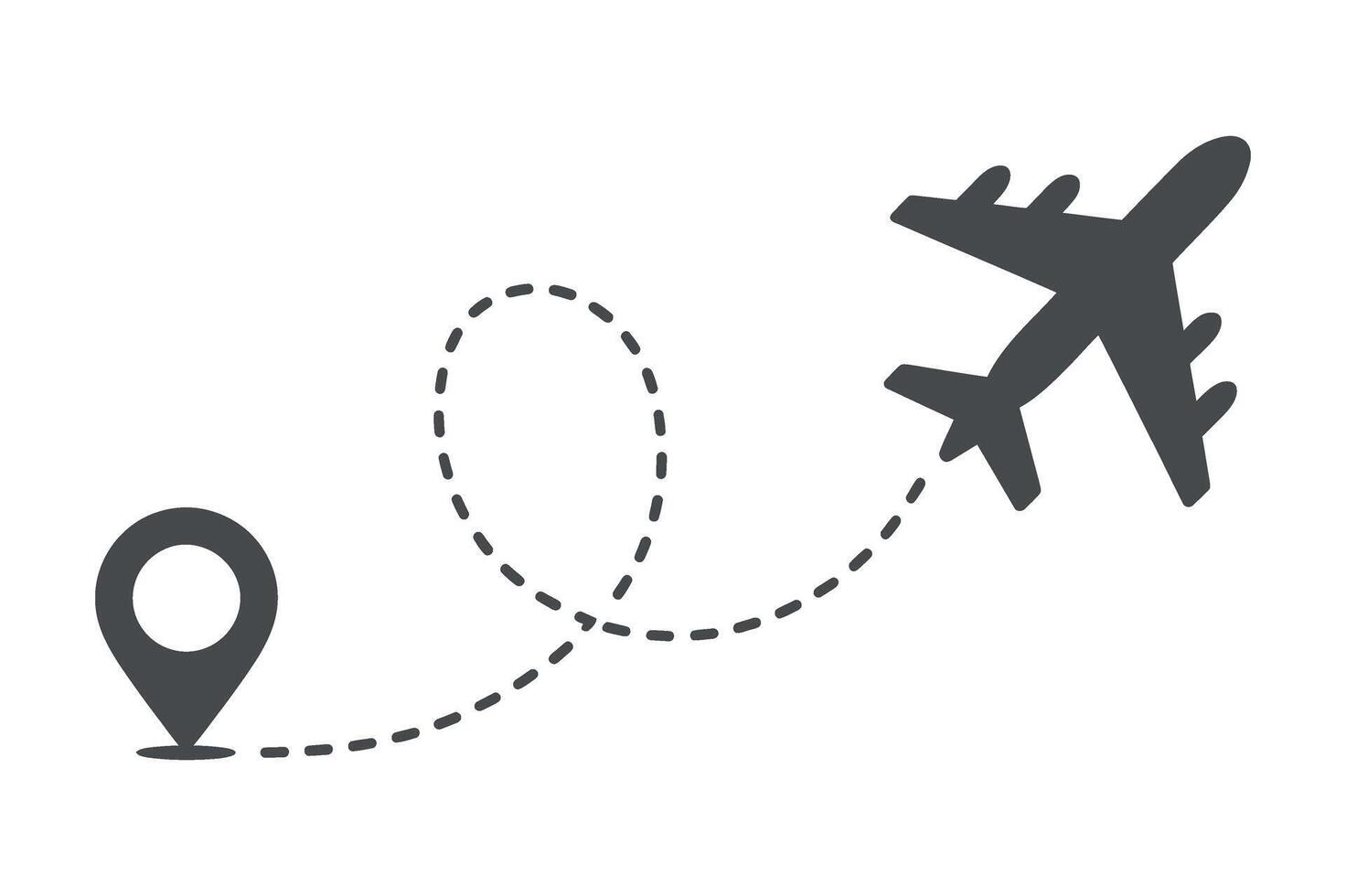 Airplane Flight Path Illustration A Dark Gray Airplane Takes Off From a Location Pin Following a Dotted Line on a Clean White Background vector