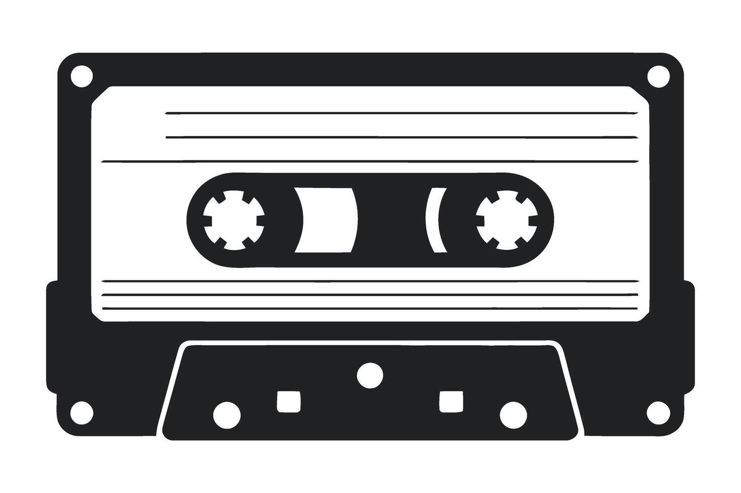Monochrome Graphic of a Retro Audio Cassette Tape Representing Vintage Music Nostalgia and Analog Sound Recording Technology in a Simple and Minimalist Style vector