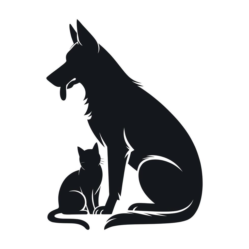 Monochrome Illustration of a Loyal Dog and a Curious Cat Sitting Together Representing Friendship Companionship and the Harmony Between Different Species black vector