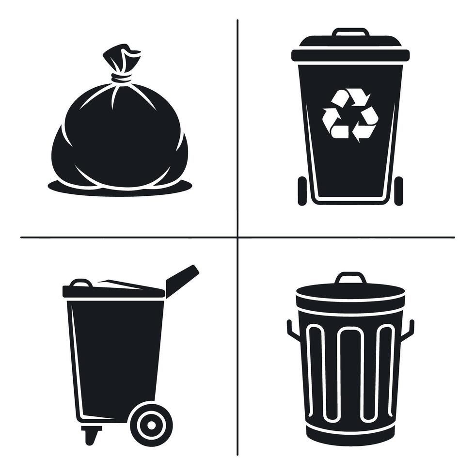Collection of Different Trash and Recycling Containers in Black and White Including Trash Bag Cans and Wheeled Bins for Waste Management vector