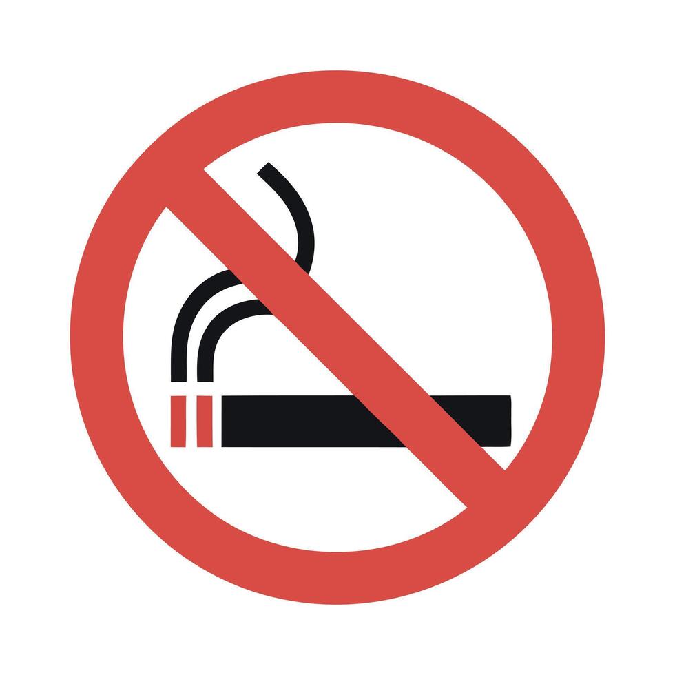 A universal symbol indicating a prohibition against smoking featuring a cigarette with rising smoke crossed out by a red circle on a plain white vector