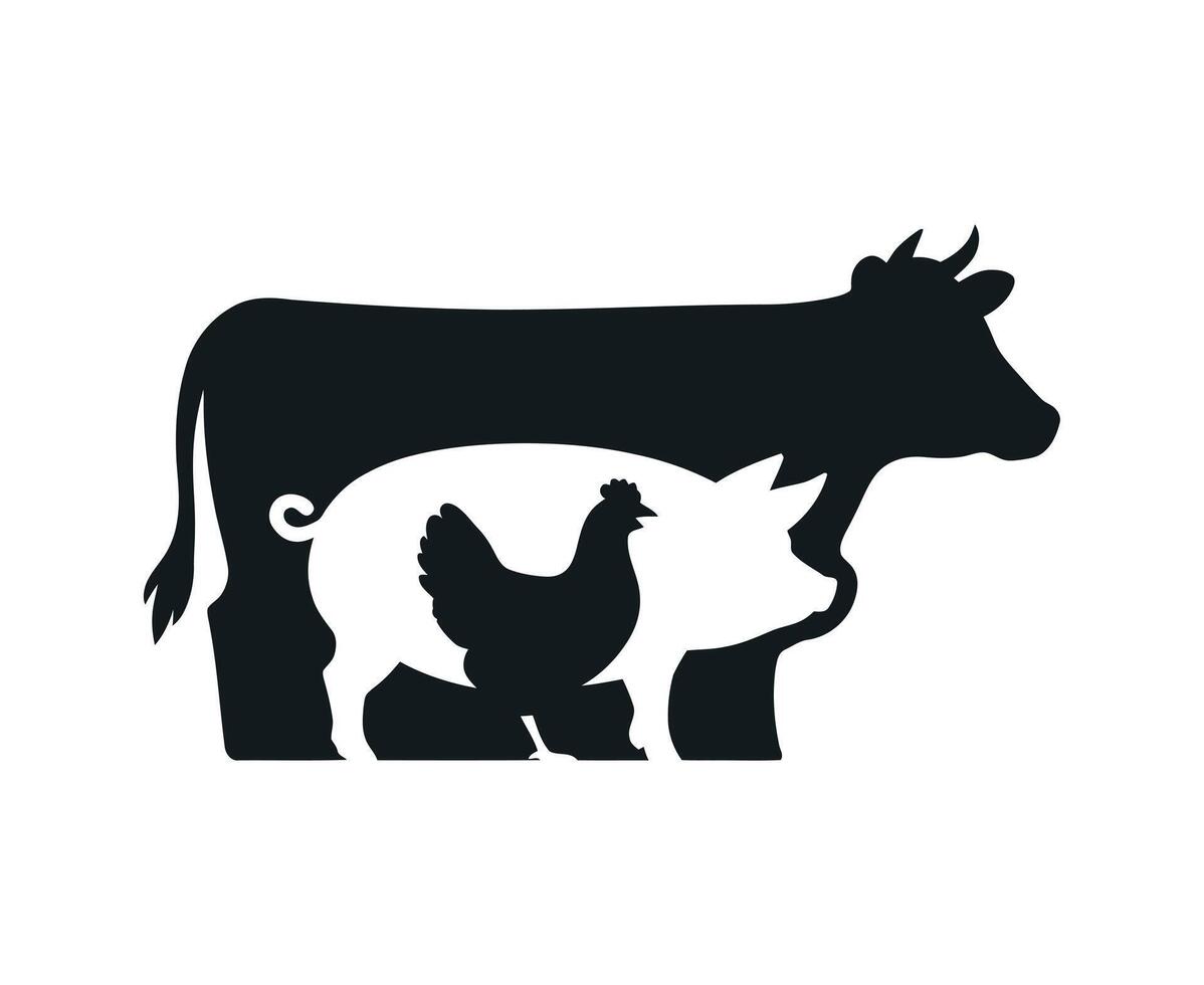 Monochrome Illustration of Farm Animals Cow Pig and Chicken Depicting Agriculture Livestock and Food Production in a Simple and Modern Graphic Style vector