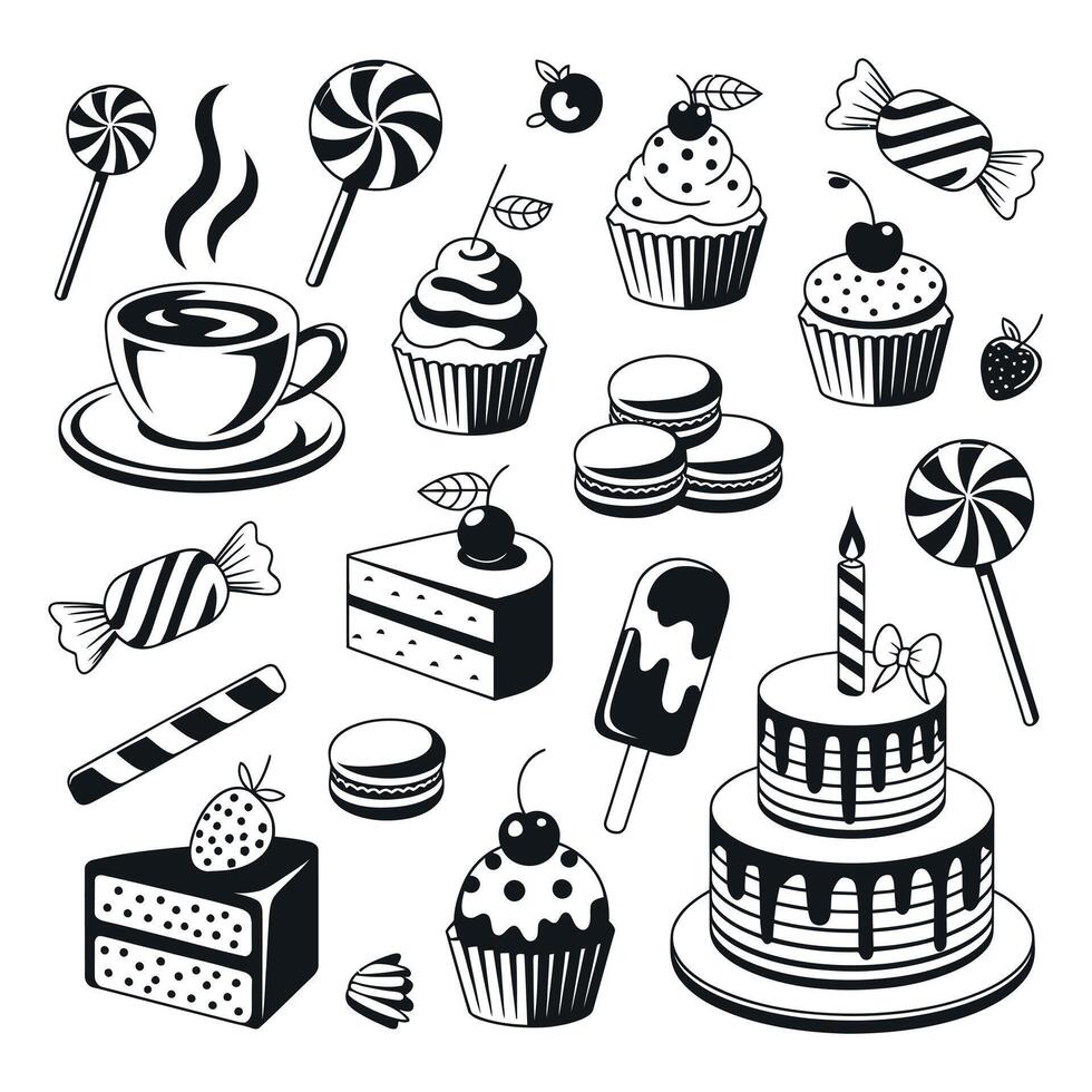 Various Black and White Dessert Icons Including Cake Cupcakes Candy Macarons Coffee and Ice Cream on a White Background vector
