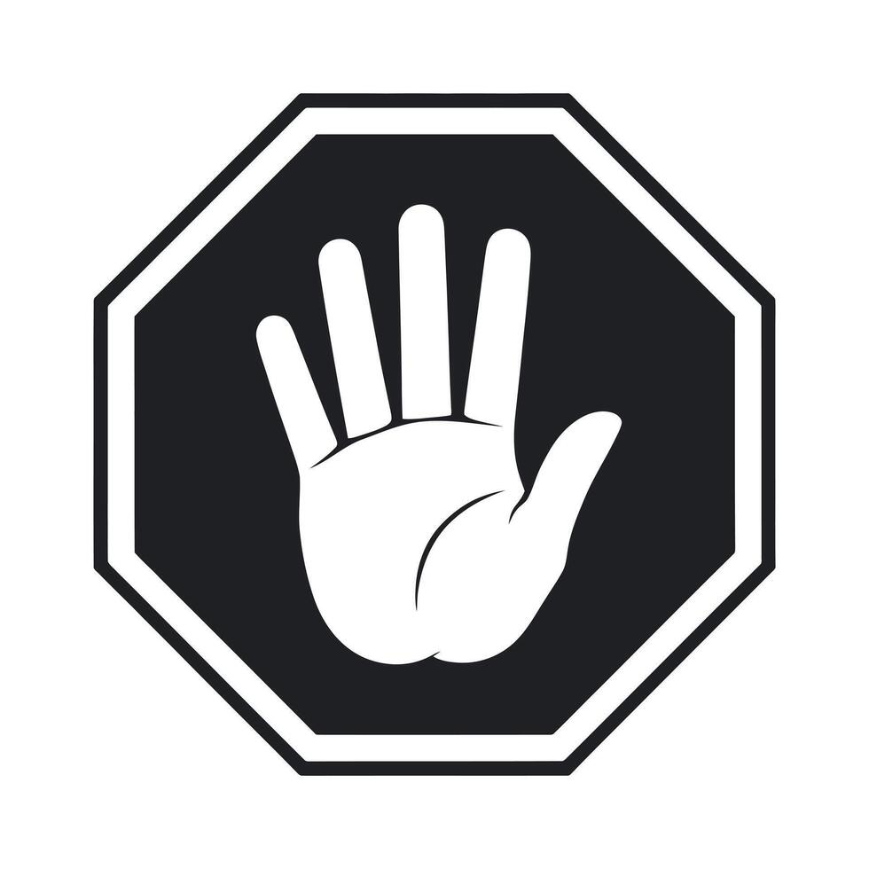 Black and White Stop Sign with a White Hand Representing Halt Prevention or a Call for Attention Isolated on a White Background black vector