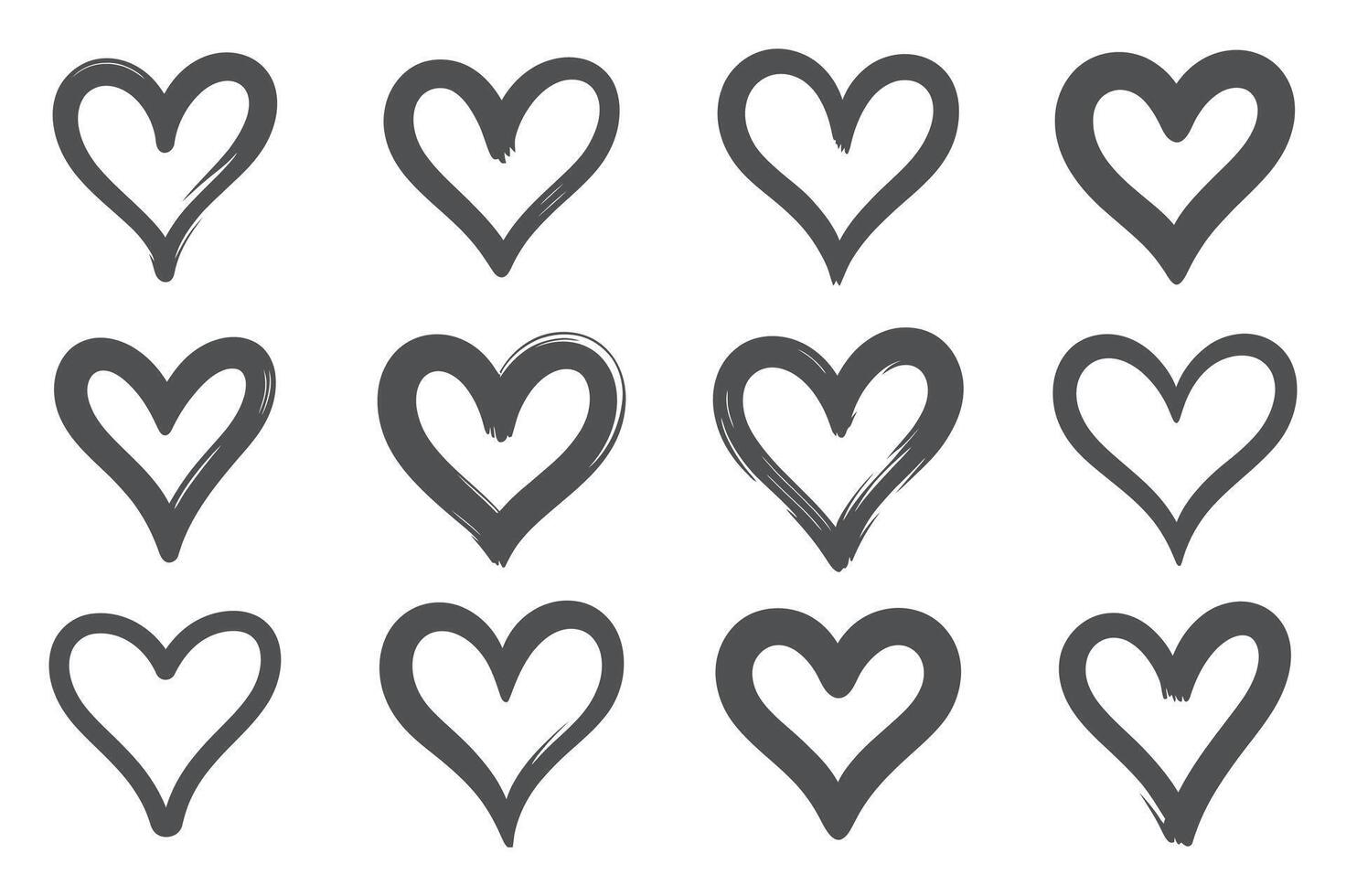 Collection of Twelve Hand Drawn Heart Shapes with Varying Brush Strokes in a Grid Pattern on a White Background vector