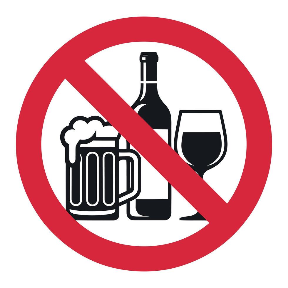Prohibition Sign Featuring Beer Mug Wine Bottle and Wine Glass Crossed Out with a Red Circle Illustrating No Alcohol Allowed Policy red vector