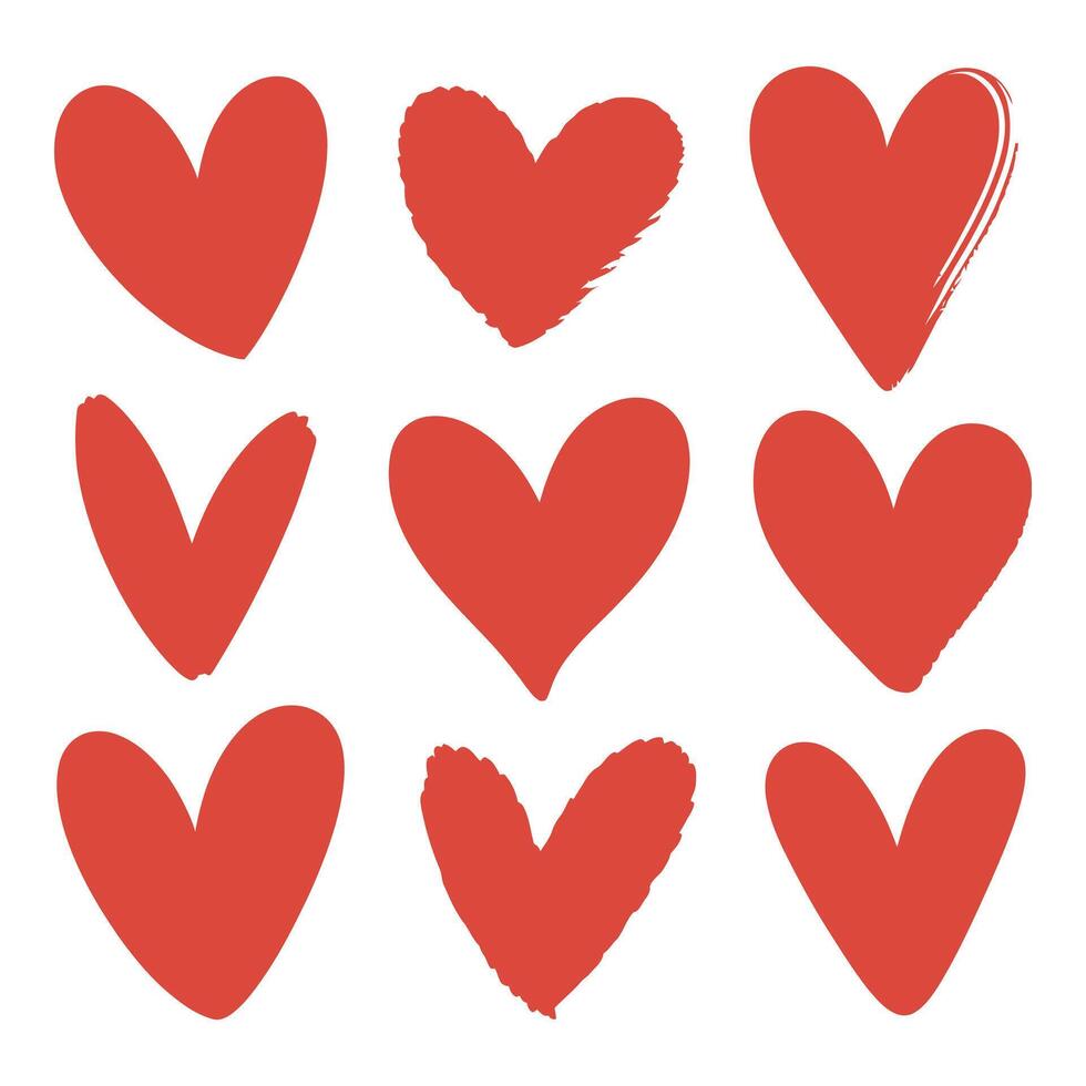 Collection of Nine Red Hand Drawn Hearts in Different Styles on a White Background for Valentine s Day or Other Romantic Occasions vector