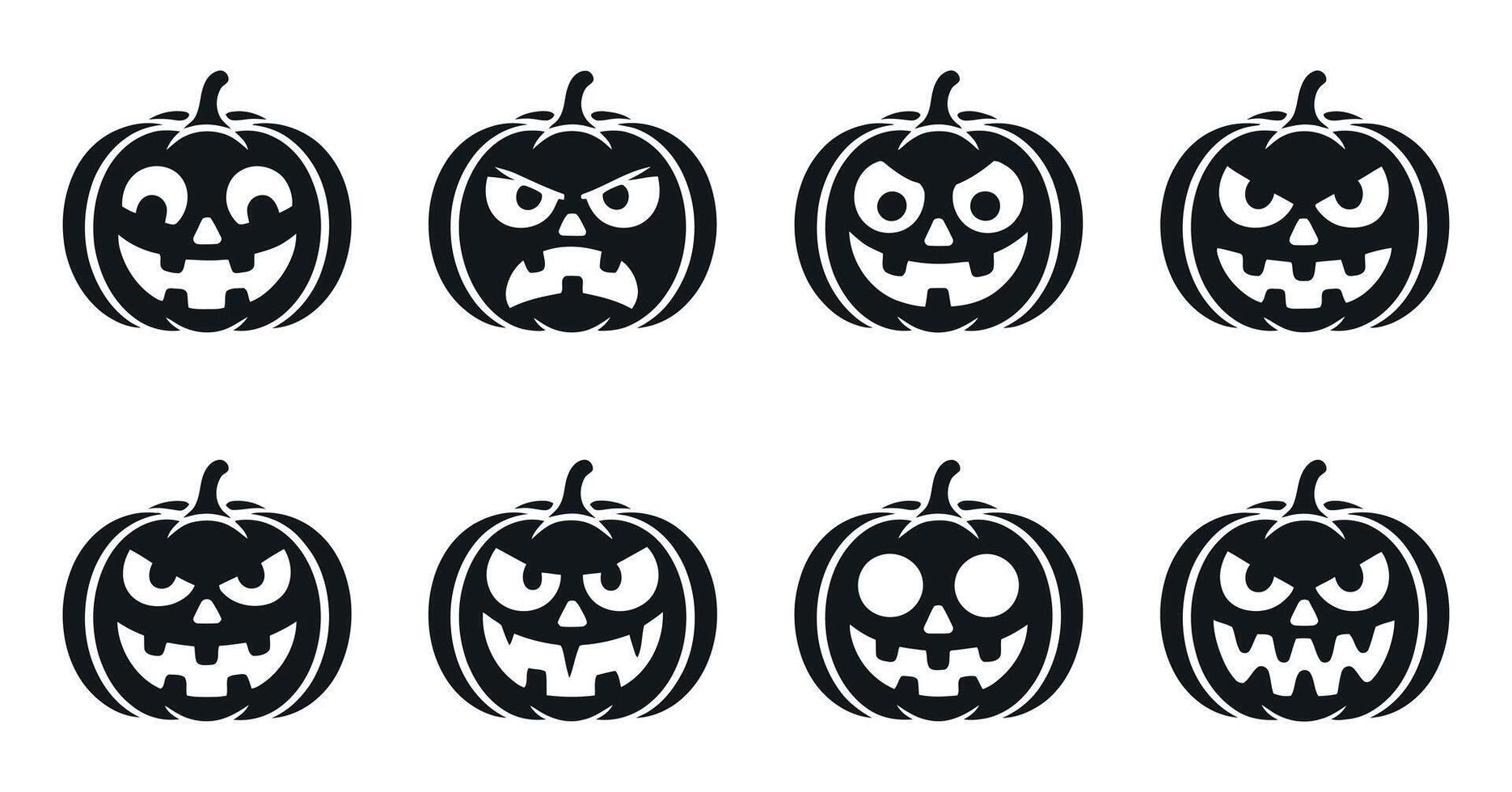 Collection of Halloween Pumpkin Faces with Various Expressions Spooky Angry Happy and Mischievous all in Black and White Isolated on a White Background vector