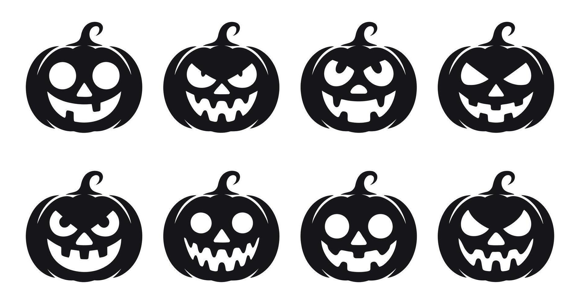 Collection of Halloween Pumpkin Faces with Different Expressions Isolated on White Background Perfect for Holiday Decorations and Spooky Season Designs Black and White vector
