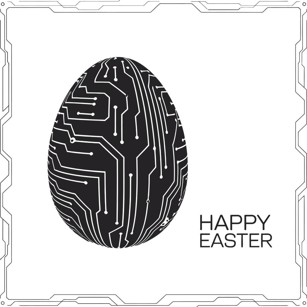 Futuristic Happy Easter Card Design with an Electronic Circuit Patterned Egg and a Modern Frame in Black and White for a Tech Savvy Celebration vector