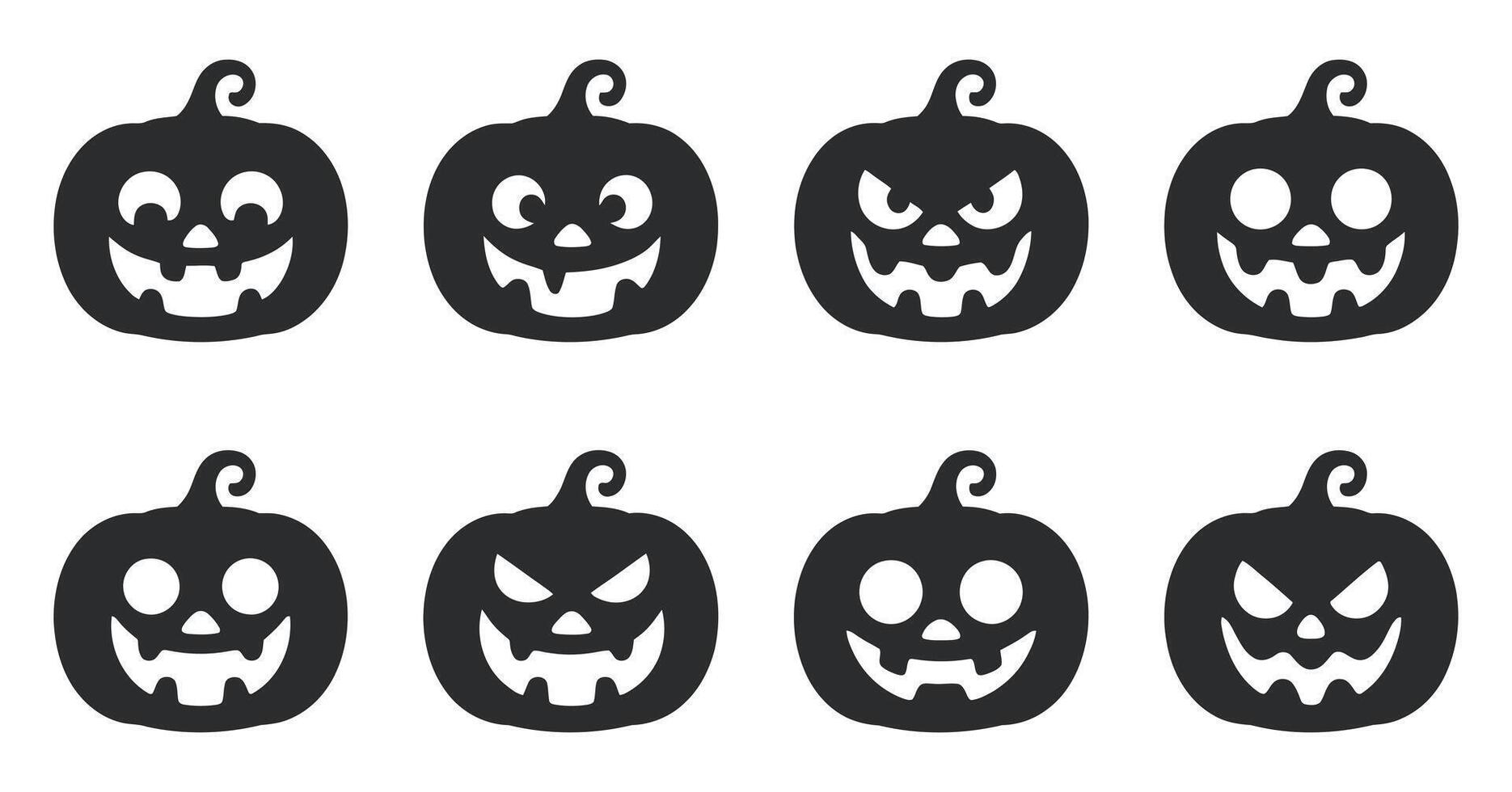 Collection of Halloween Pumpkin Silhouettes with Varying Facial Expressions Including Happy Spooky and Angry Isolated on a White Background for Holiday Decorations Eight vector