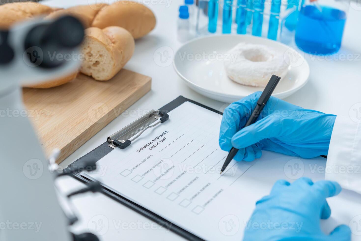 Chemical substance check list for chemical food residues in laboratory. Control experts inspect quality of fruits, vegetables. lab, find prohibited substances, contaminate. Microscope photo