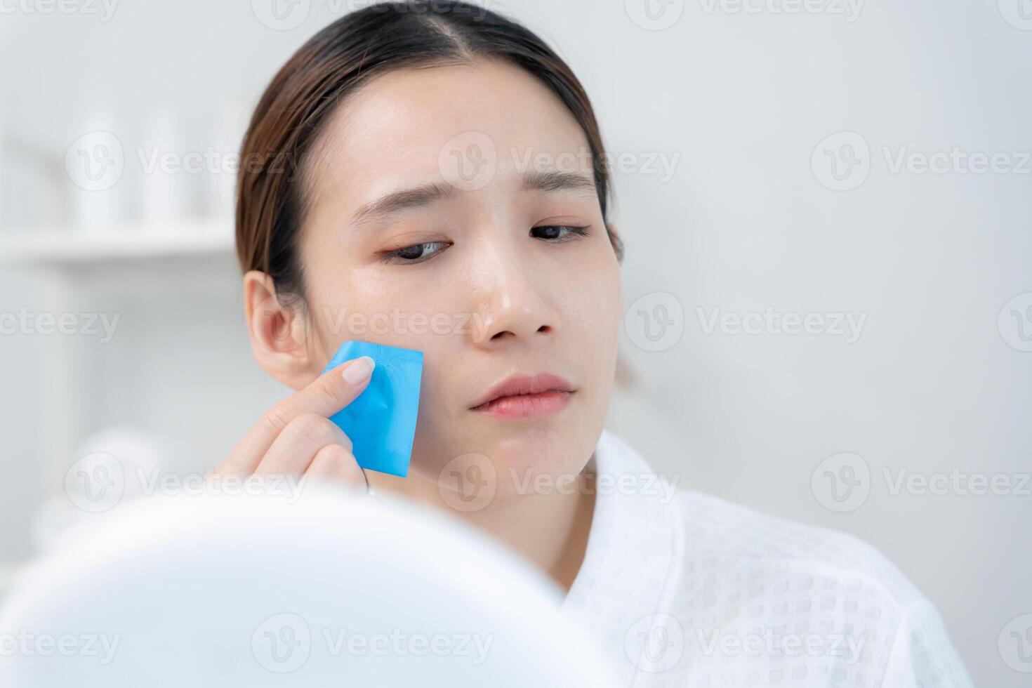 Oily face problem. Woman worried about face Dermatology, large pores, uneven face, sensitive skin, red face from sunburn, acne, dry skin, large pores ,rash face, dull, freckles, wrinkle, skin problem photo