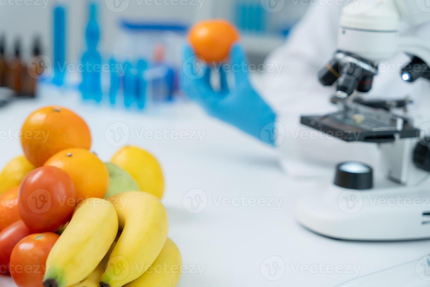 Scientist check chemical food residues in laboratory. Control experts inspect quality of fruits, vegetables. lab, hazards, ROHs, find prohibited substances, Microscope. photo