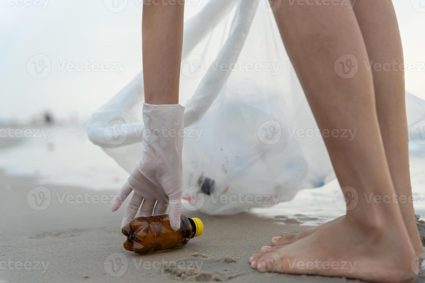 Volunteer pick up trash garbage at the beach and plastic bottles are difficult decompose prevent harm aquatic life. Earth, Environment, Greening planet reduce global warm, Save world photo