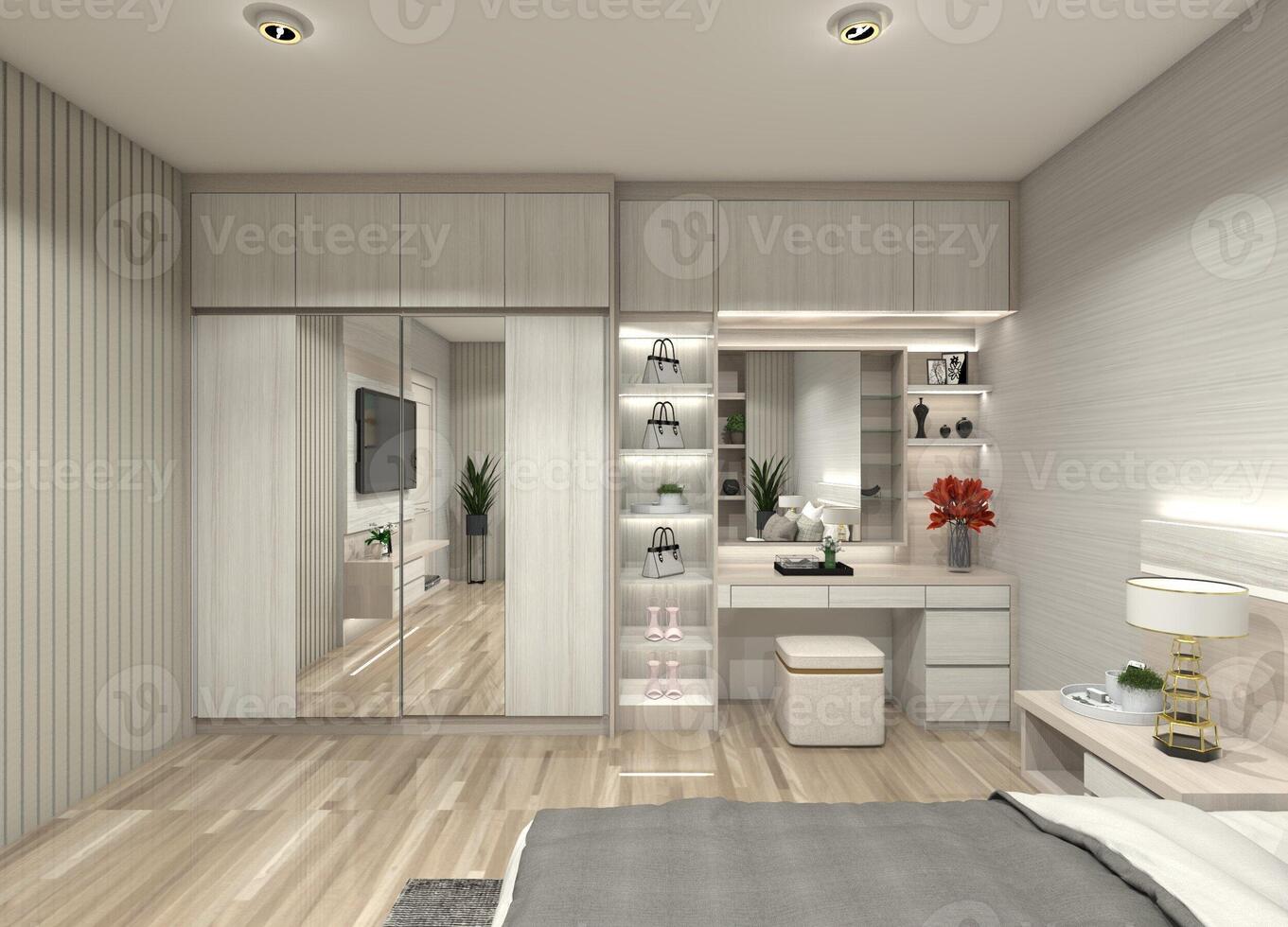 3D design for a bedroom wardrobe and dressing table with modern style. photo
