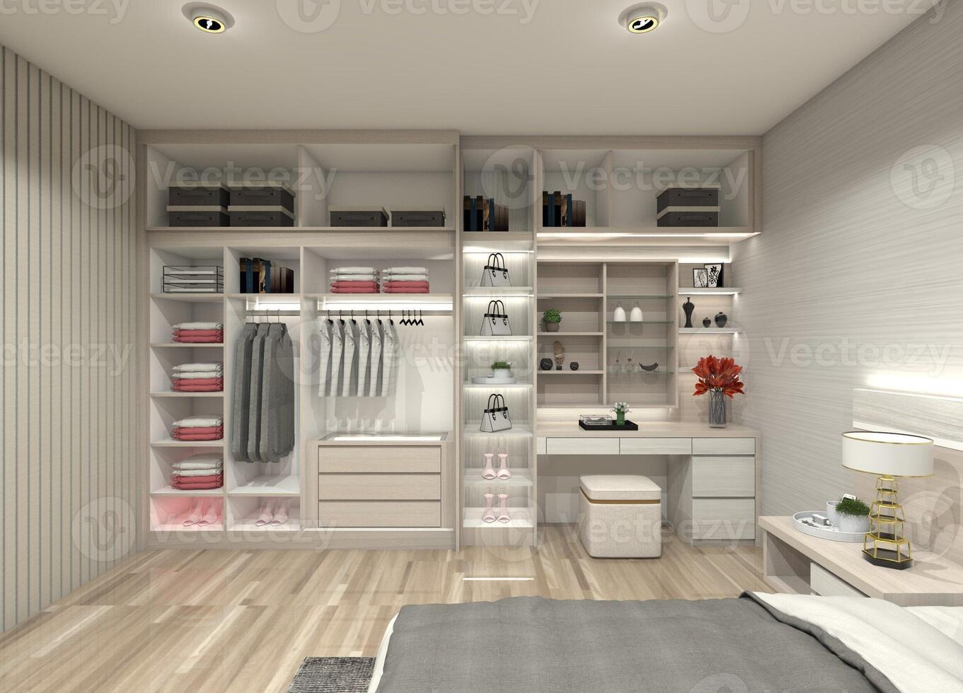 3D design of an open-concept vanity table and doorless wardrobe, perfect for bedroom interiors and walk-in closets photo