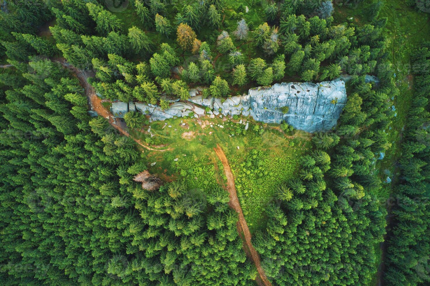 Aerial view of a big stone slab on a mountain slope forest. photo
