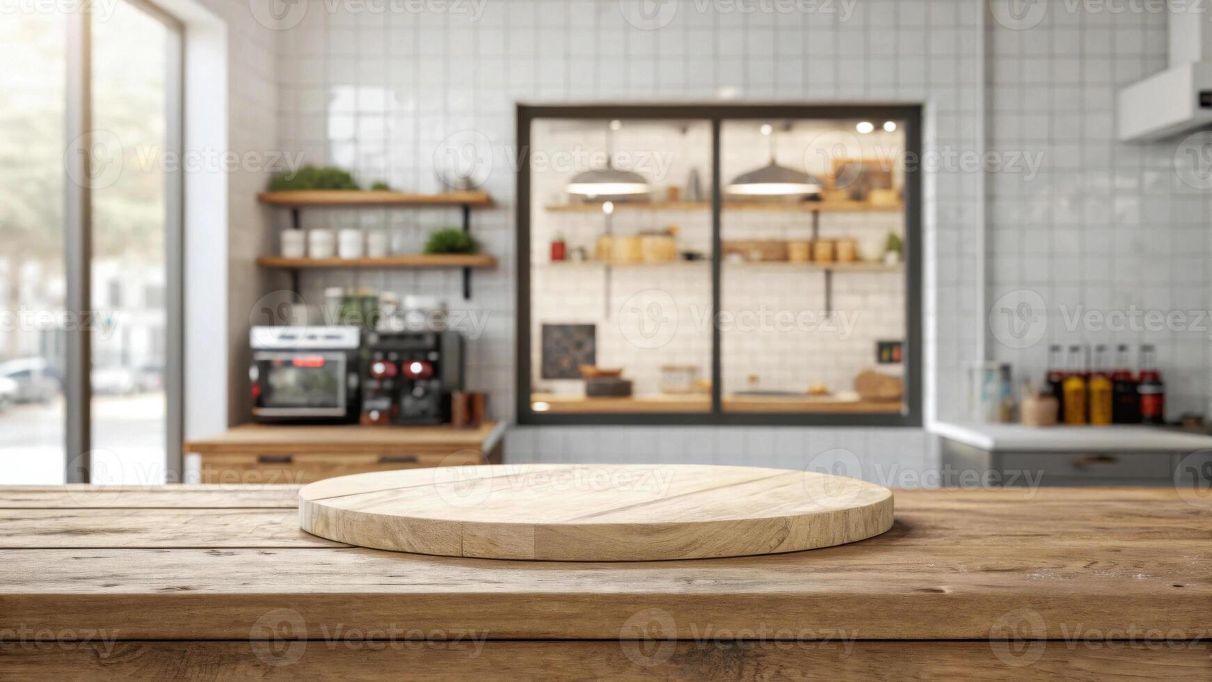 A kitchen counter with a wooden table in front of it photo