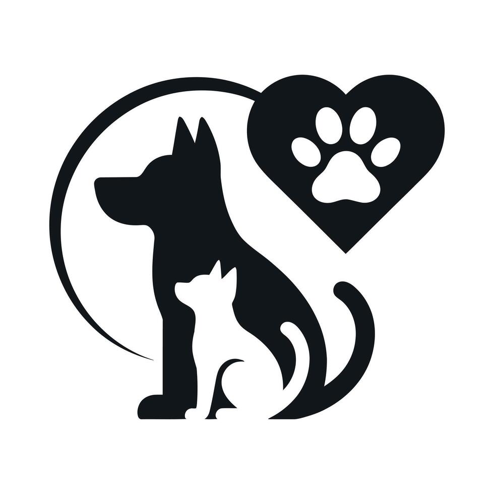 Elegant Pet Care Logo Design Featuring a Dog Cat Heart with Paw Print and Circular Element in a Minimalist Black and White Style vector
