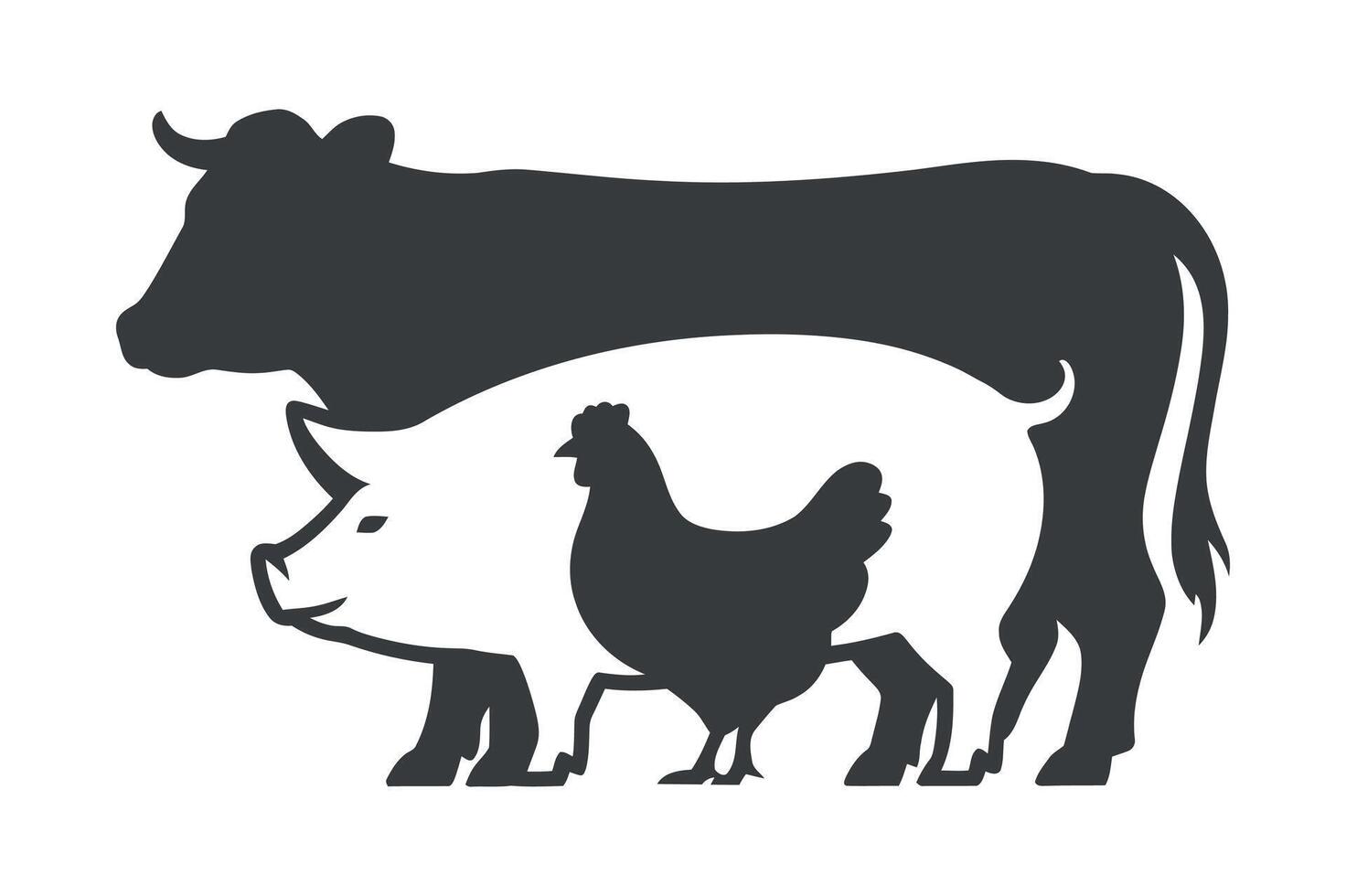 Stylized Farm Animals Silhouette Illustration Featuring a Cow Pig and Chicken in a Stacked Composition on a White Background vector