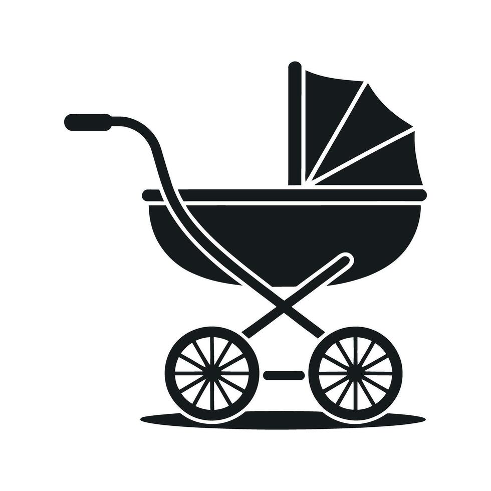 Simple Black and White Silhouette of a Baby Carriage or Pram with Wheels and a Hood for a Newborn Baby vector