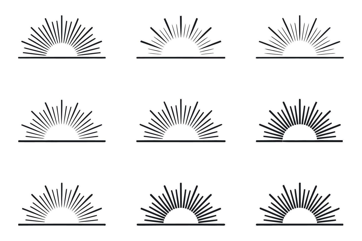 Collection of Nine Sunburst Graphic Elements with Varying Line Densities and Lengths Isolated on White Background Perfect for Logos and Design Projects vector