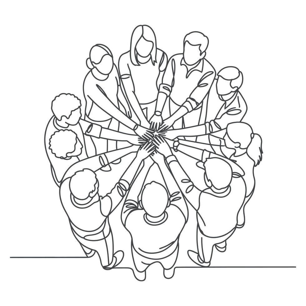 Continuous Line Drawing of Diverse Group Joining Hands in Unity and Teamwork Symbolizing Collaboration Support and Shared Goals in a Business or Community Setting vector