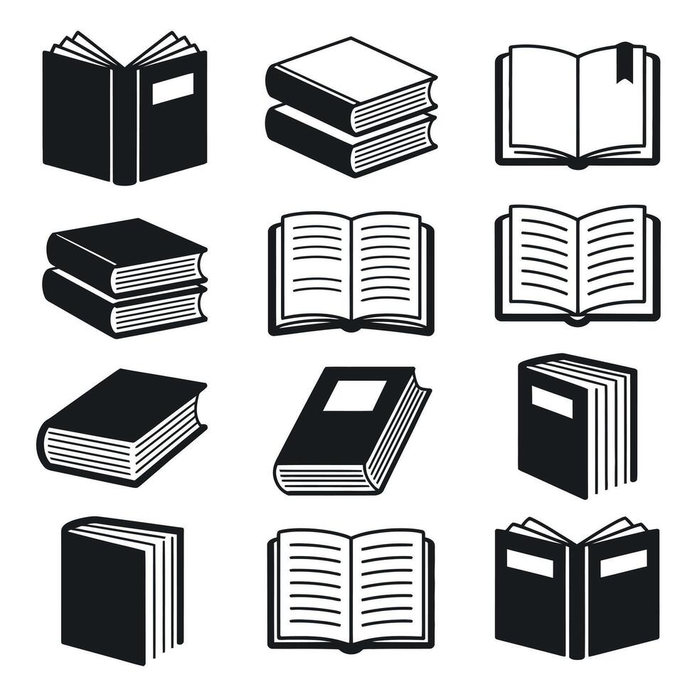 Collection of Nine Different Book Icons in Black and White Depicting Open and Closed Books Stacked Books and Books with Bookmarks in Format vector
