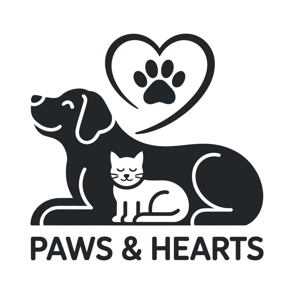 Monochrome Logo Design Featuring a Dog Cat Paw Print in a Heart and the Text Paws Hearts Symbolizing Animal Love and Care black vector