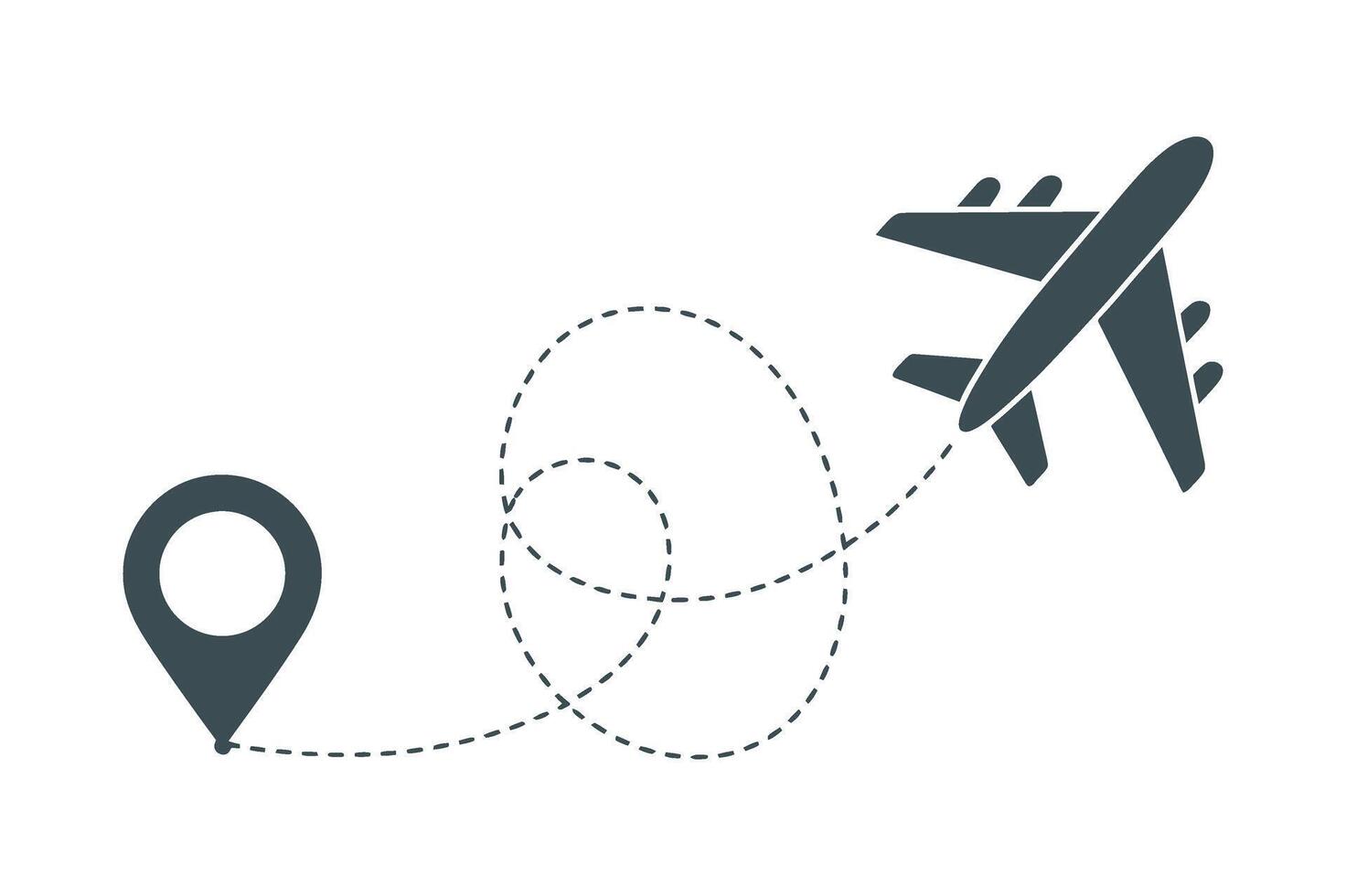 Airplane Flight Path Icon with Destination Pin and Dotted Line Representing Travel Tourism and Navigation on a Clean White Background dark gray airplane vector