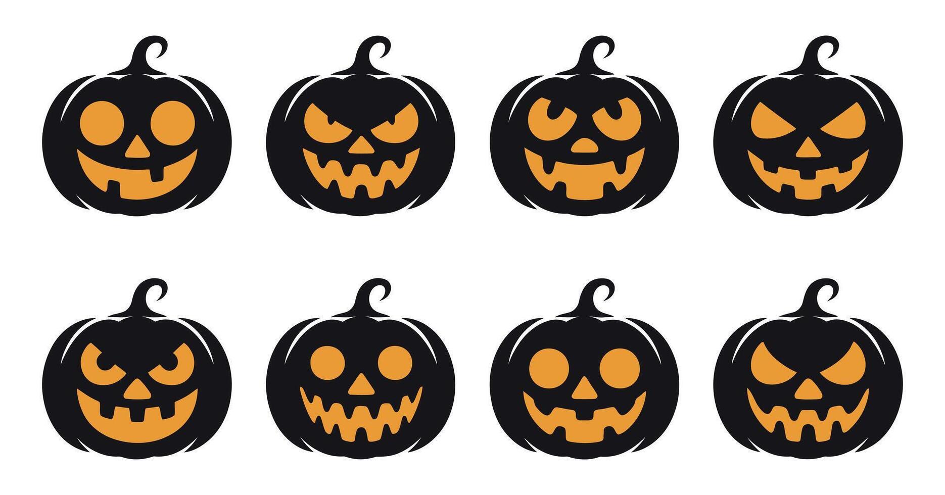 Collection of Halloween Pumpkin Faces with Carved Expressions Featuring Spooky and Fun Designs for Holiday Decorations and Festive Celebrations on a White Background vector