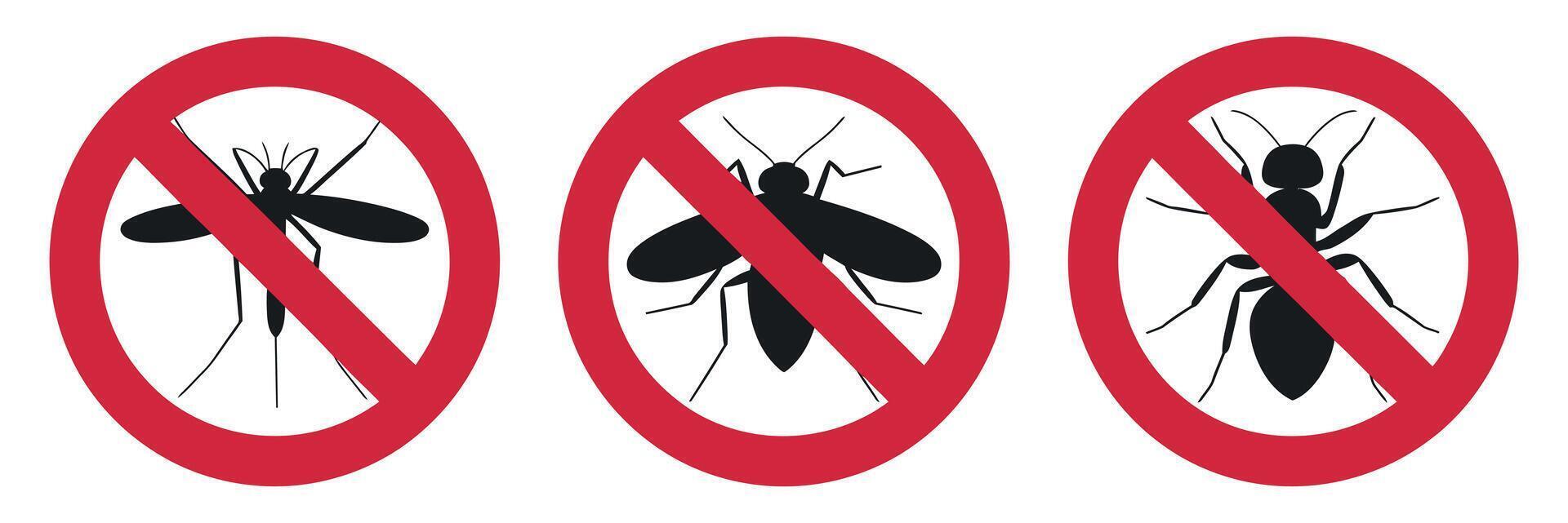 No Insect Pests Allowed Sign with Mosquitoes and Ants in a Red Circle with a Line Through It on White Background vector