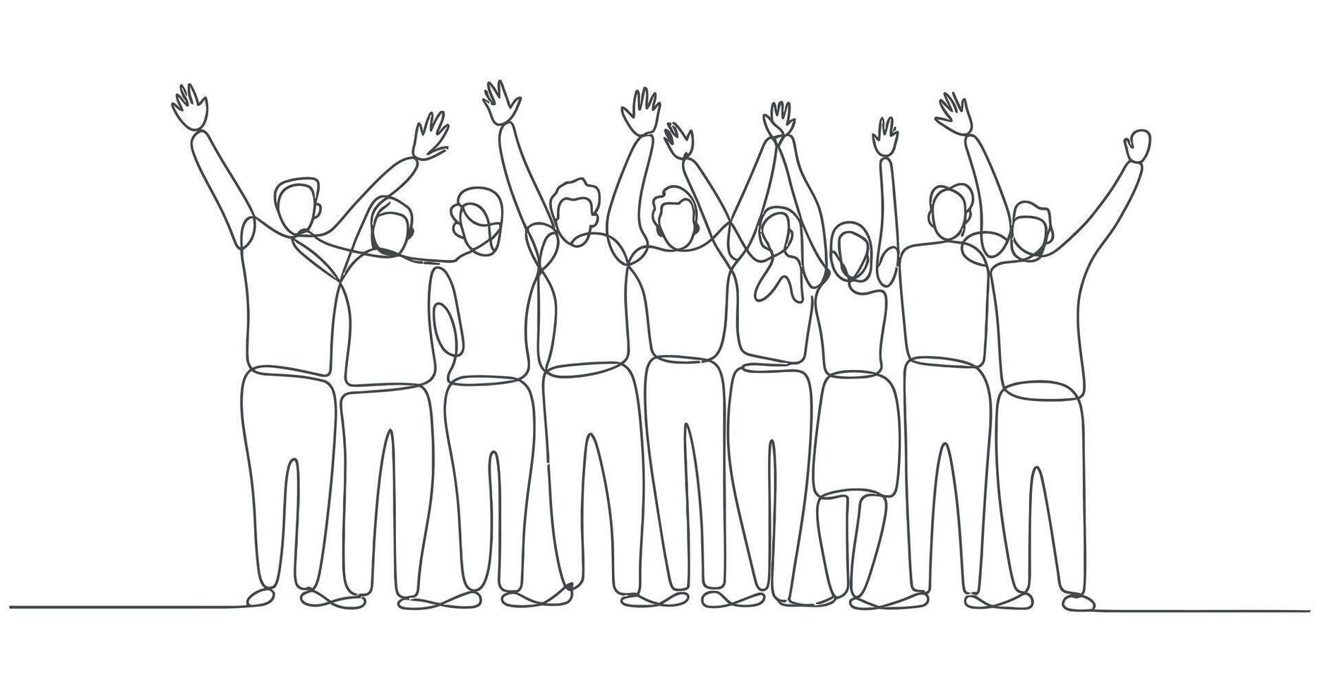 Continuous Line Drawing of a Group of People Cheering with Raised Hands Illustrating Teamwork Celebration and Unity in a Minimalist Style on White Background vector