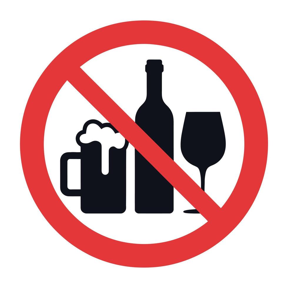 Prohibition Sign Featuring Beer Mug Wine Bottle and Wine Glass with a Red Circle and Slash Indicating No Alcohol Allowed red prohibition vector