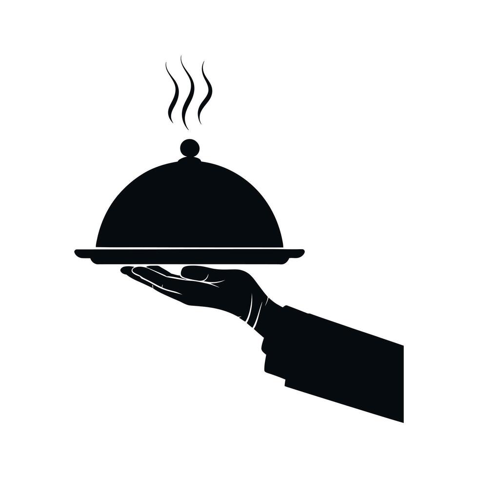 Elegant Black and White Illustration of a Hand Serving a Covered Dish with Rising Steam Isolated vector