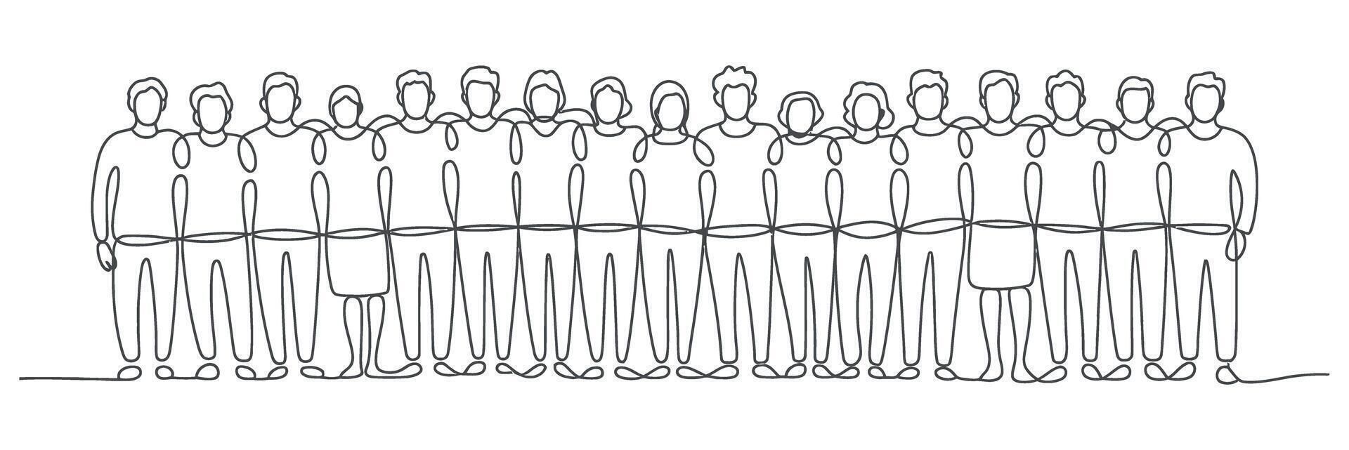 Continuous Line Drawing of a Diverse Group of People Standing Together Illustrating Unity Teamwork and Connection in a Minimalist and Modern Style single vector