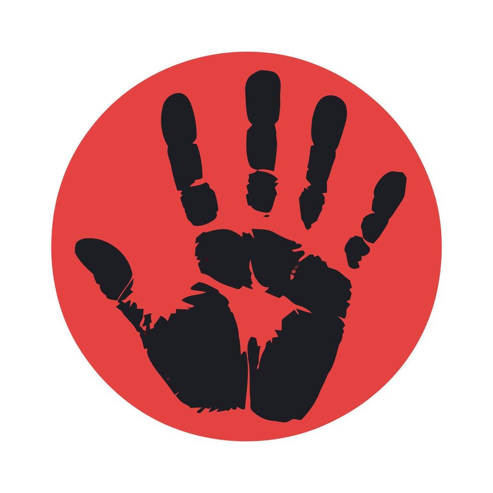 Black Handprint on Red Circle Background Symbolizing Stop Warning Danger or Prohibition with a Bold and Graphic Visual Element vector
