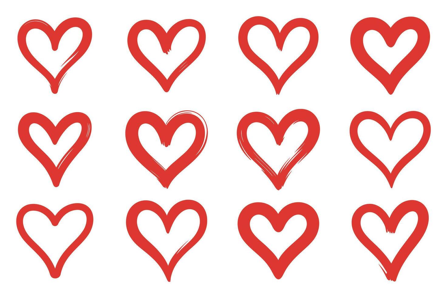 Collection of Twelve Red Hand Drawn Hearts on a White Background Representing Love Affection and Romance Perfect for Valentine s Day and Romantic Designs vector