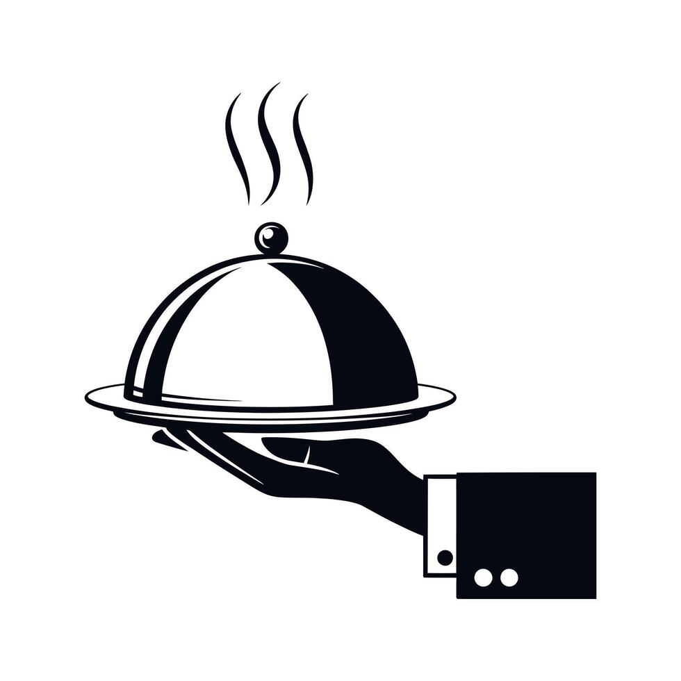 Waiter Hand Holding a Serving Tray with Food and Steam in Black and White Icon Style vector