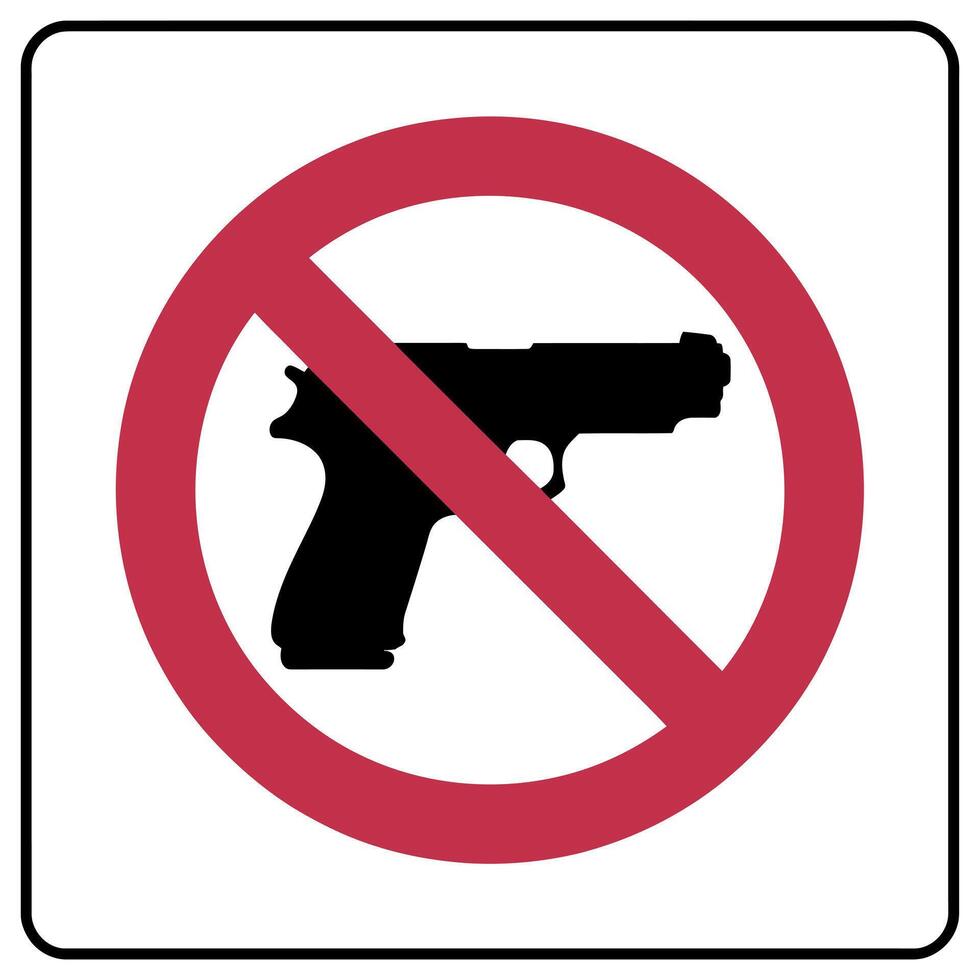 Symbol Illustrating No Guns Allowed with a Red Circle and Diagonal Line Over a Black Gun Silhouette Framed in Black prohibition sign shows vector