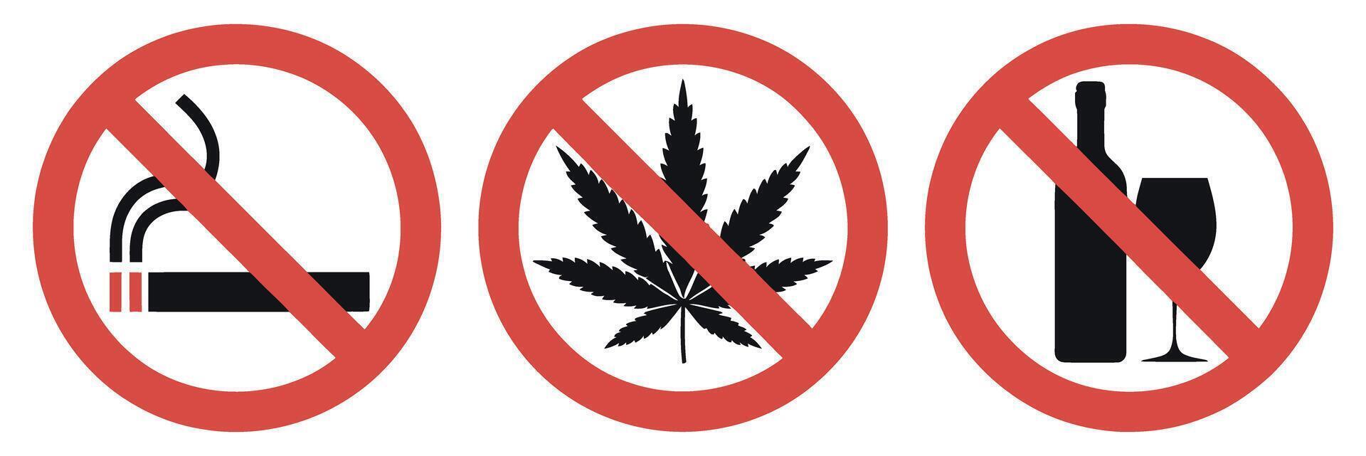 Prohibition Signs Depicting Cigarettes Marijuana and Alcohol Representing Restrictions on Substance Use and Promoting Healthy Lifestyle Choices with Clear Visual Communication The image vector