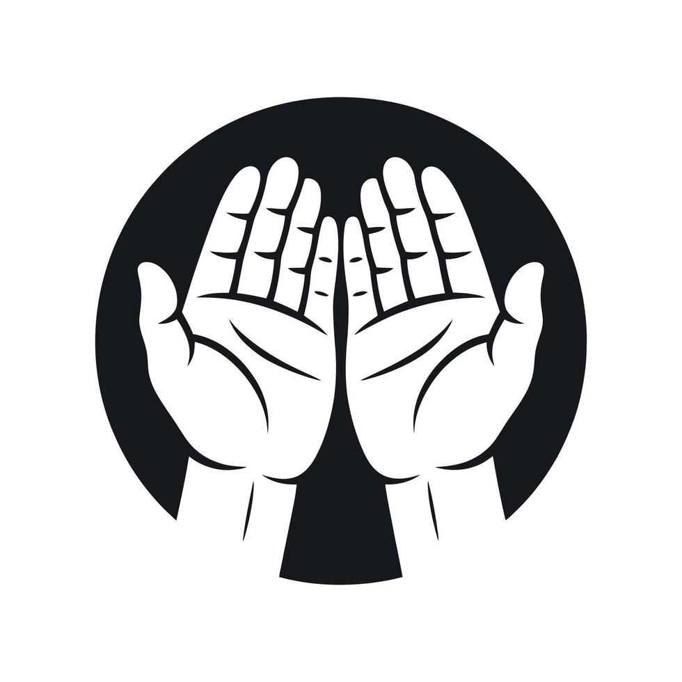Monochrome Illustration of Two Hands Reaching Upwards Inside a Circle Symbolizing Prayer Hope or Offering in a Simple Design vector
