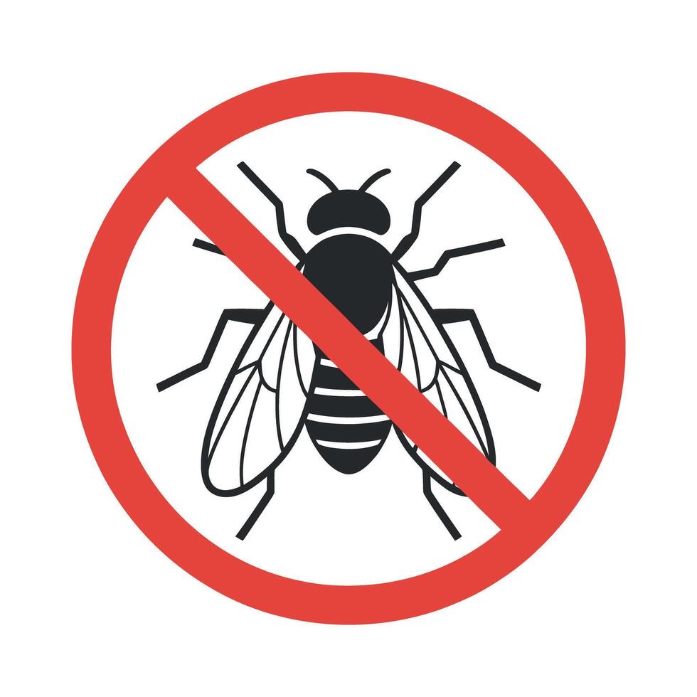 No Flies Allowed Symbol Featuring Red Circle and Slash Over Black Fly Silhouette Illustration on White Background vector