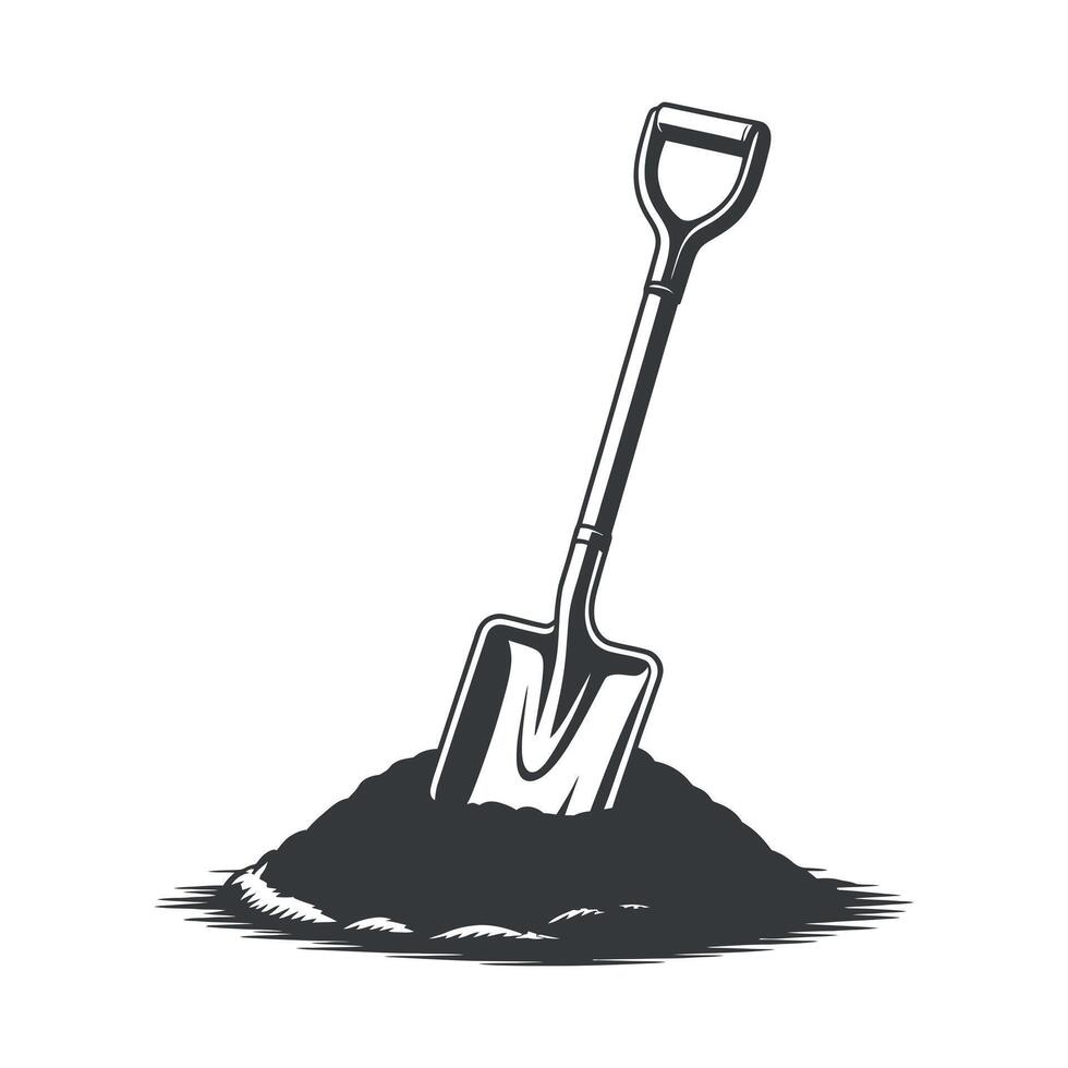 Monochrome Illustration of a Shovel Stuck in a Pile of Dirt on a White Background vector