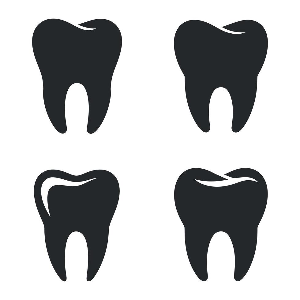 Four Black Tooth Icons on a White Background Representing Dental Health Hygiene Dentistry and Oral Care in a Simple Graphic Design vector