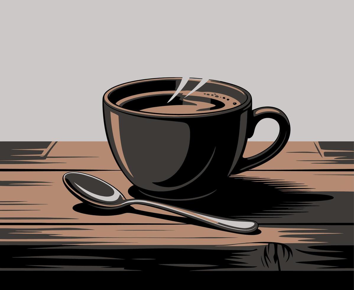 Stylized Coffee Cup with Spoon on Rustic Wooden Table Graphic Illustration of Morning Beverage Still Life Dark Tones vector