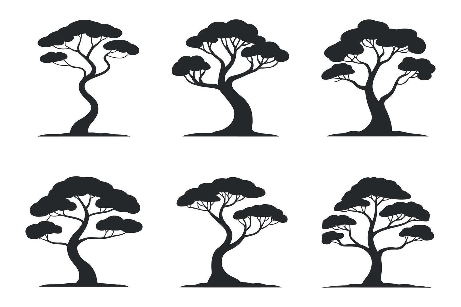 Set of Six Tree Silhouettes with Rounded Crown and Curved Trunk Isolated on White Background for Landscape Design and Nature Illustrations vector