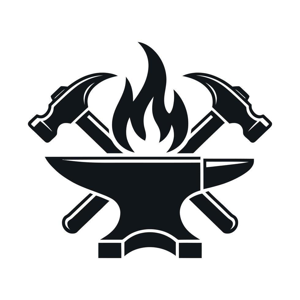 Blacksmith Logo Design with Anvil Hammers and Flame Silhouette Represents Metalworking Craftsmanship and Traditional Skills in a Simple and Modern Illustration vector
